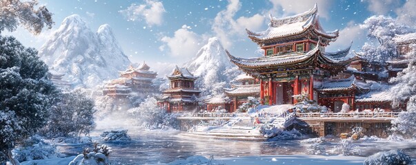 Snow falling on majestic asian temple complex during winter