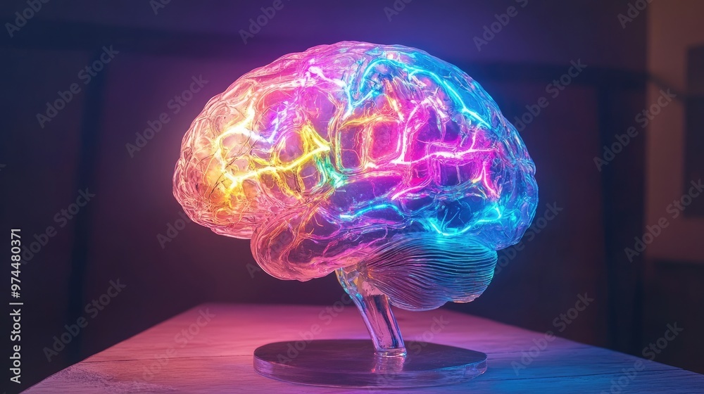 Poster a glowing brain model showing neural pathways lit up in different colors, representing creative thou