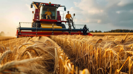 Fototapeta premium A combine harvester operating in a golden wheat field during harvest season, with farmers in the background.