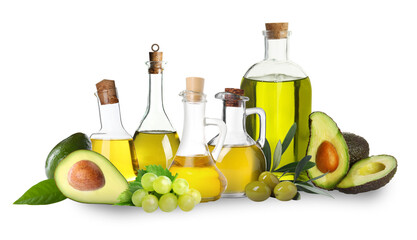 Vegetable fats. Set of different oils and ingredients isolated on white