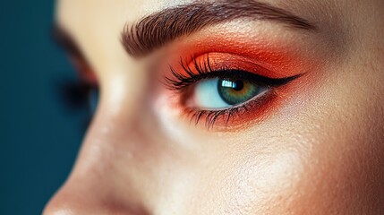 Close-up of vivid orange eyeshadow and eyelashes