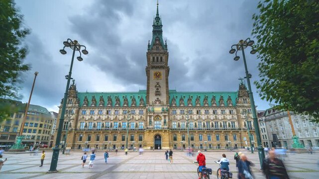Hyperlapse of Hamburg City Hall in Hamburg, Germany, featuring magnificent Neo-Renaissance architecture, historic market square and one of the city's most iconic landmarks