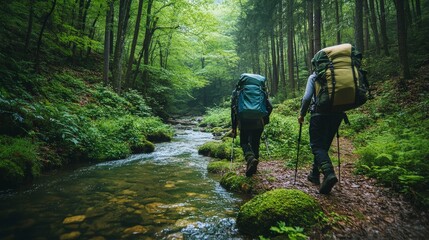 A couple hikes through a lush forest with camping gear on their backs. They are heading towards a picturesque campsite by a clear, bubbling stream, ready to set up for a night under the stars.