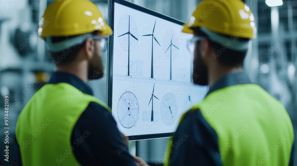 Wall mural renewable energy wind turbine with a group of engineers discussing wind turbine design plans in a hi