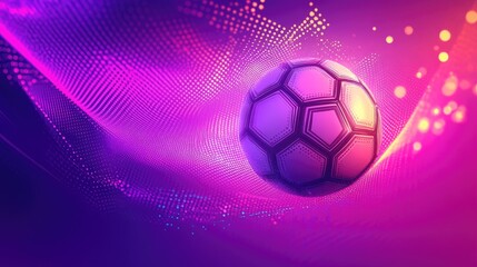 Fototapeta premium A glowing soccer ball on a vibrant purple and pink background with dots, dynamic lines, and geometric shapes creating a modern sports vibe.