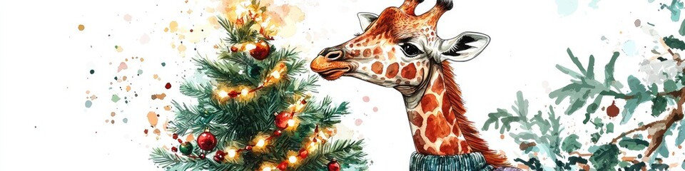 giraffe with a Christmas tree on a white background. Selective focus