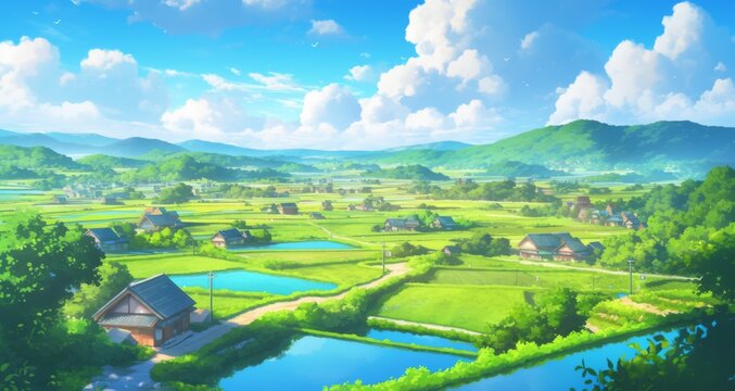Wide Shot of Distant Rice Fields with Small Villages, Green Grass, Trees, and Clear Blue Sky