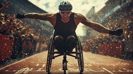 A determined athlete with a wheelchair crosses the finish line in a dramatic race, showcasing triumph and perseverance. 