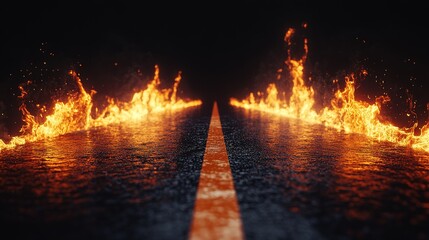 A fiery road surrounded by flames and dark clouds at twilight creating a dramatic and surreal atmosphere