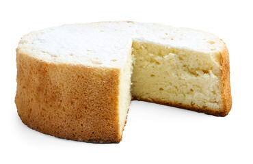 Delicious cut sponge cake with powdered sugar isolated on white