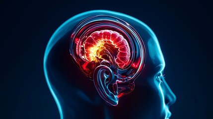 A glowing 3D render of the human brain focuses on the cerebrum, illuminating its complex structure.