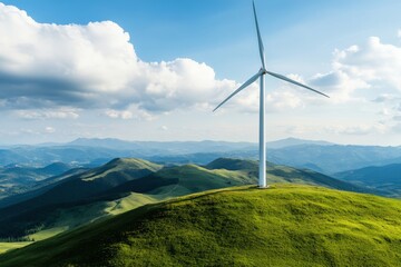 Renewable energy wind turbine with Wind turbine on a lush green hill, sustainable energy, eco-friendly technology, renewable power source, nature and technology harmony, clean energy future, copy