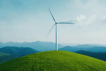 Renewable energy wind turbine with Wind turbine on a lush green hill, sustainable energy, eco-friendly technology, renewable power source, nature and technology harmony, clean energy future, copy