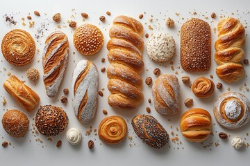 assorted bakery goods suspended in midair against pristine white background golden pastries and rustic bread creating dynamic composition