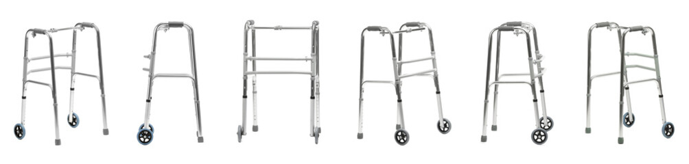 Walking frame isolated on white, collage. Different sides view