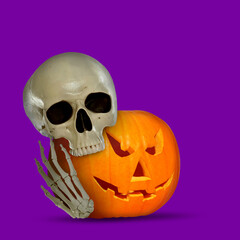 Scary skeleton with spooky jack o'lantern on purple background, space for text. Halloween celebration