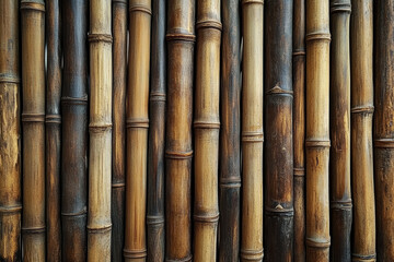 Fototapeta premium Close-up view of bamboo stalks in various shades, showcasing natural texture and patterns, perfect for backgrounds or nature-themed projects.