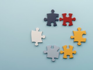 Fototapeta premium Colorful puzzle pieces arranged in a circle on a light blue background. Creative teamwork and solution concept.
