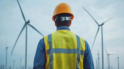 Renewable energy wind turbine with Close-up of wind turbine blade inspection, technician in safety gear, renewable energy maintenance, green technology precision, eco-friendly power generation,