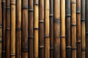 Fototapeta premium Close-up of bamboo wall texture showcasing natural wooden patterns in warm tones, ideal for backgrounds, designs, and nature-related projects.