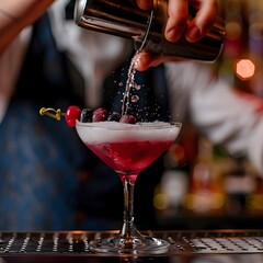 Bartender Pouring a Vibrant Red Cocktail into a Coupe Glass