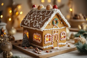 Colorful Candy-Covered Gingerbread House Decorated with Icing and Surrounded by Holiday Lights