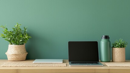 A modern home office setup featuring laptop, notebooks, and green plants, all against soothing green wall. This eco conscious workspace promotes sustainability and productivity