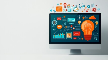 Computer Screen with Light Bulb and Business Icons