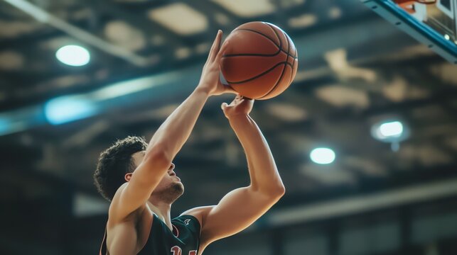 A basketball player shoots the ball during a game.