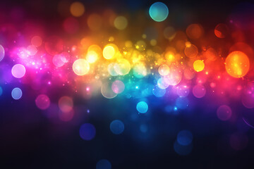 Vibrant abstract background of colorful bokeh lights in rainbow hues, creating a festive and energetic atmosphere with a dreamy, magical quality.