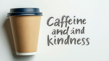 A minimalistic coffee cup with a dark lid next to the handwritten phrase 'Caffeine and kindness,' conveying warmth, positivity, and morning motivation in a simple, cozy design.