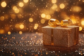 Shiny Gold Gift Box with Ribbon on Glittery Background for Holiday and Christmas Celebrations
