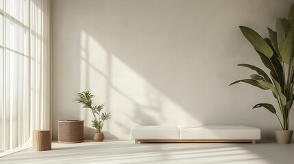 A modern, minimalist interior space with a focus on natural materials and a warm, inviting atmosphere.