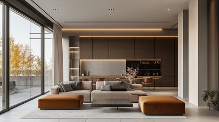 A modern, minimalist interior space with a focus on natural materials and a warm, inviting atmosphere.