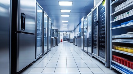 Obraz premium Modern commercial kitchen showcasing stainless steel refrigerators and organized shelving in a spacious layout with bright fluorescent lighting