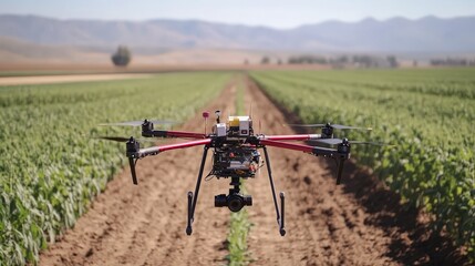 A high-tech agricultural drone system for precision farming. The scene features drones monitoring crops, analyzing soil conditions, and providing real-time data for optimized farming practices.