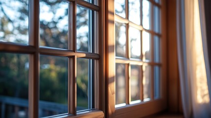 Fototapeta premium Bright wooden window frames lined along a modern hallway in a minimalist building during daylight hours