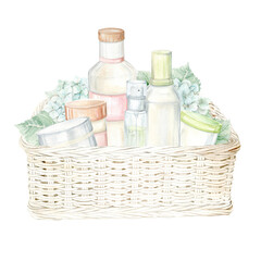 Set of cosmetics for SPA. Composition of cream, oil, shampoo, perfume and hydrangea flowers in a basket. Watercolor illustration on white background. The drawing is hand drawn. Suitable for cards