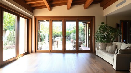 Obraz premium Bright wooden window frames lined along a modern hallway in a minimalist building during daylight hours