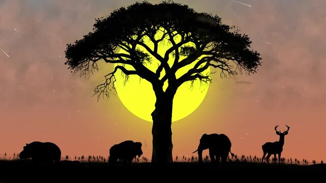 Wild Animal Africa Background. Elephant, Deer Africa Silhouette Animals And Nature Motion Background. Bright Sun And Shooting Stars Falling Africa Natural Motion Background Motion Illustration Backgro