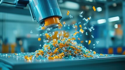 Close-up of shredded plastic waste being processed in a recycling plant,