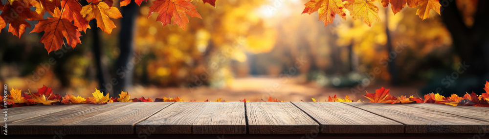 Wall mural A wooden table adorned with vibrant autumn leaves, set against a beautiful forest backdrop in fall, showcasing the stunning colors of the season.