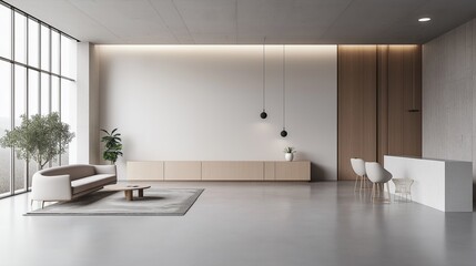Fototapeta premium A modern, minimalist interior space with a focus on natural materials and a warm, inviting atmosphere.