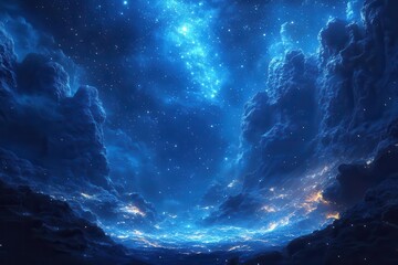 bioluminescent underwater fantasy scene glowing sea creatures ethereal light rays surreal rock formations starry night sky visible above surface