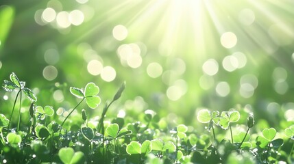 Fototapeta premium Sunlight filters through a lush green meadow, highlighting clover leaves during the early morning hours