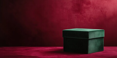 Green velvet box on red background, minimalist design with bold color contrast in studio shot