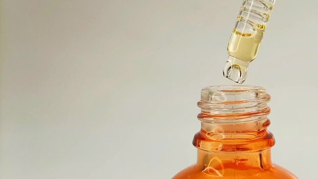 Bottle pipette dropper liquid yellow-orange vitamin c or retinol serum on white background, right side of the screen