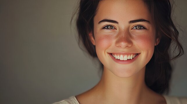 Young woman beams for camera.