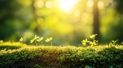 Fototapeta premium Sunlight filters through a lush green meadow, highlighting clover leaves during the early morning hours