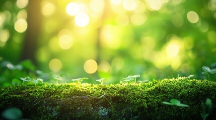 Obraz premium Sunlight filters through a lush green meadow, highlighting clover leaves during the early morning hours